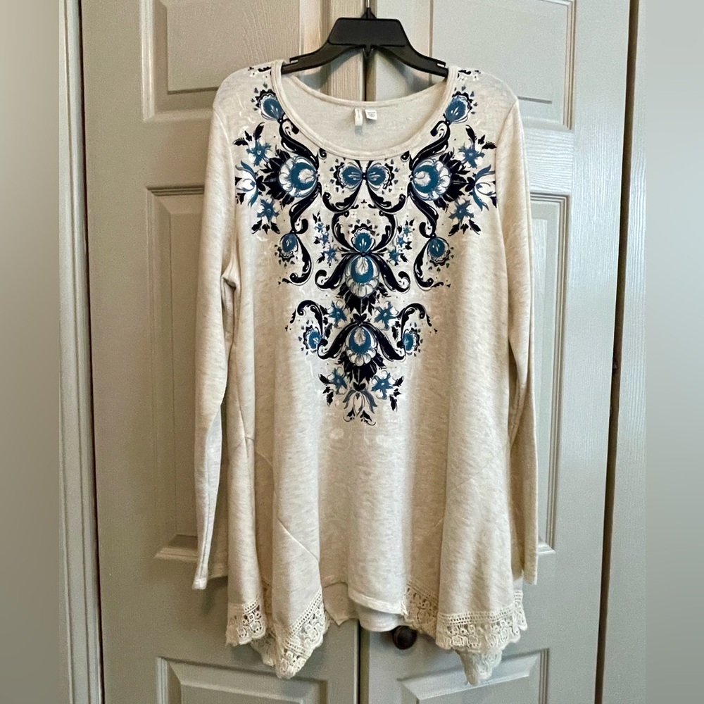Cato Beige Tunic with Blue Print and Crochet Hem